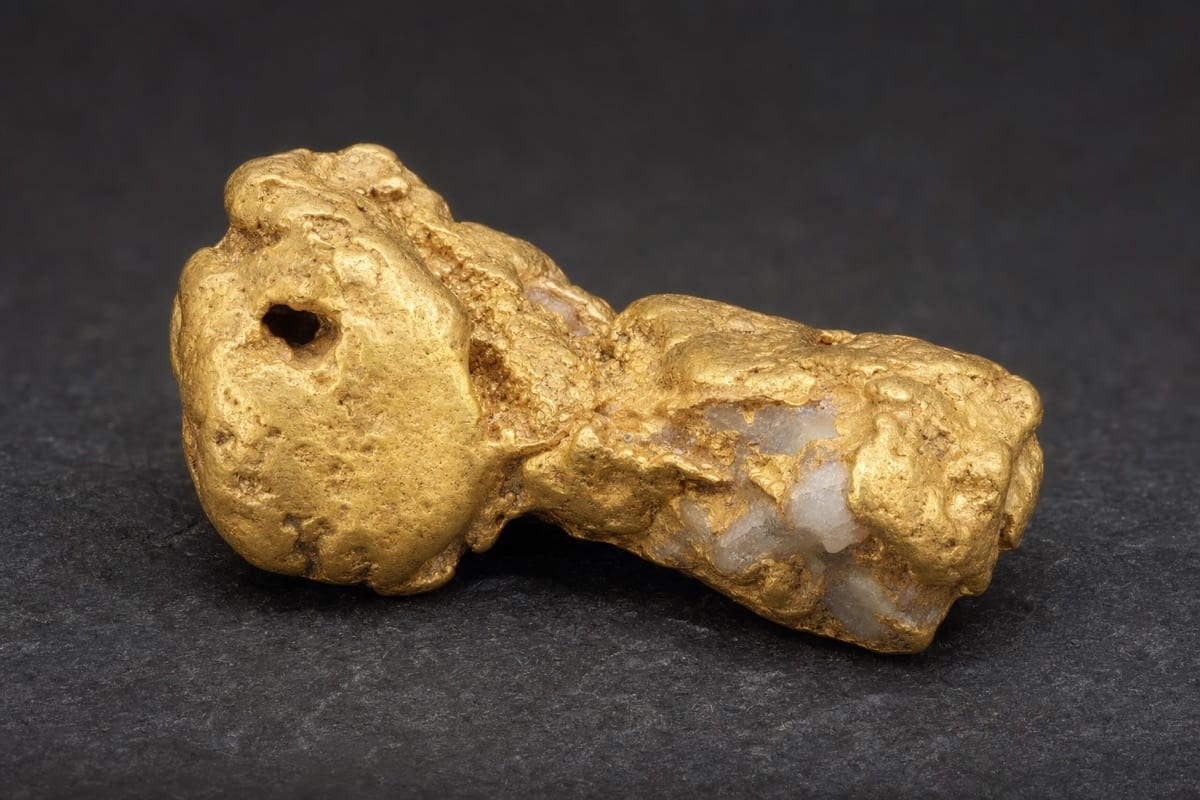 A natural gold nugget with visible white quartz still attached
