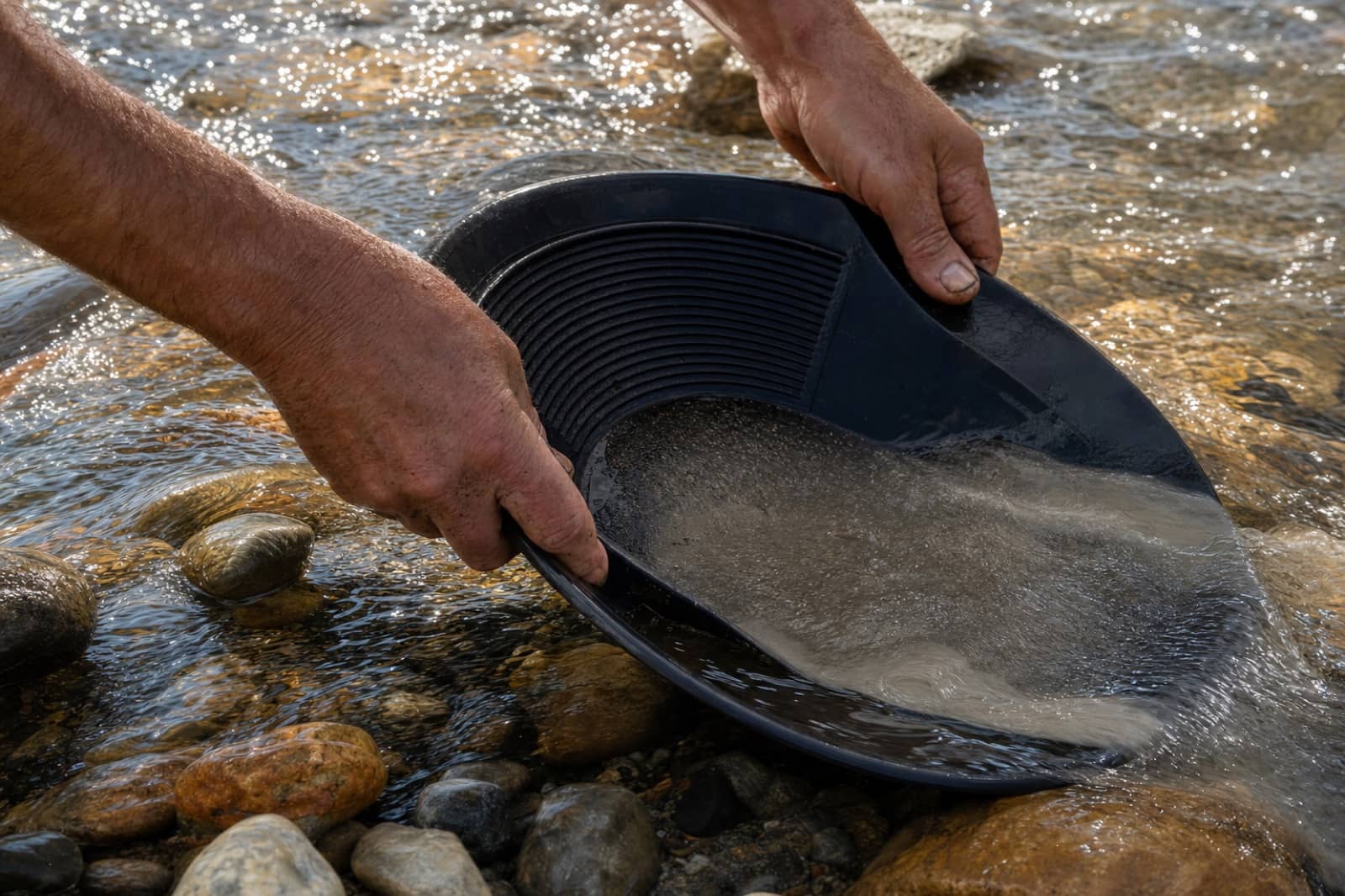 A prospector washing silt from a black gold pan in a shallow creek